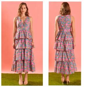 Hyacinth House Tuckernuck Floral Tiered Midi Dress Pink Blue Cotton S NWT